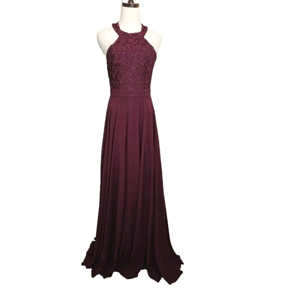 Lulu's Medium Picture Perfect Lace Burgundy Red Prom Wedding Guest  Maxi Dress - Picture 1 of 15